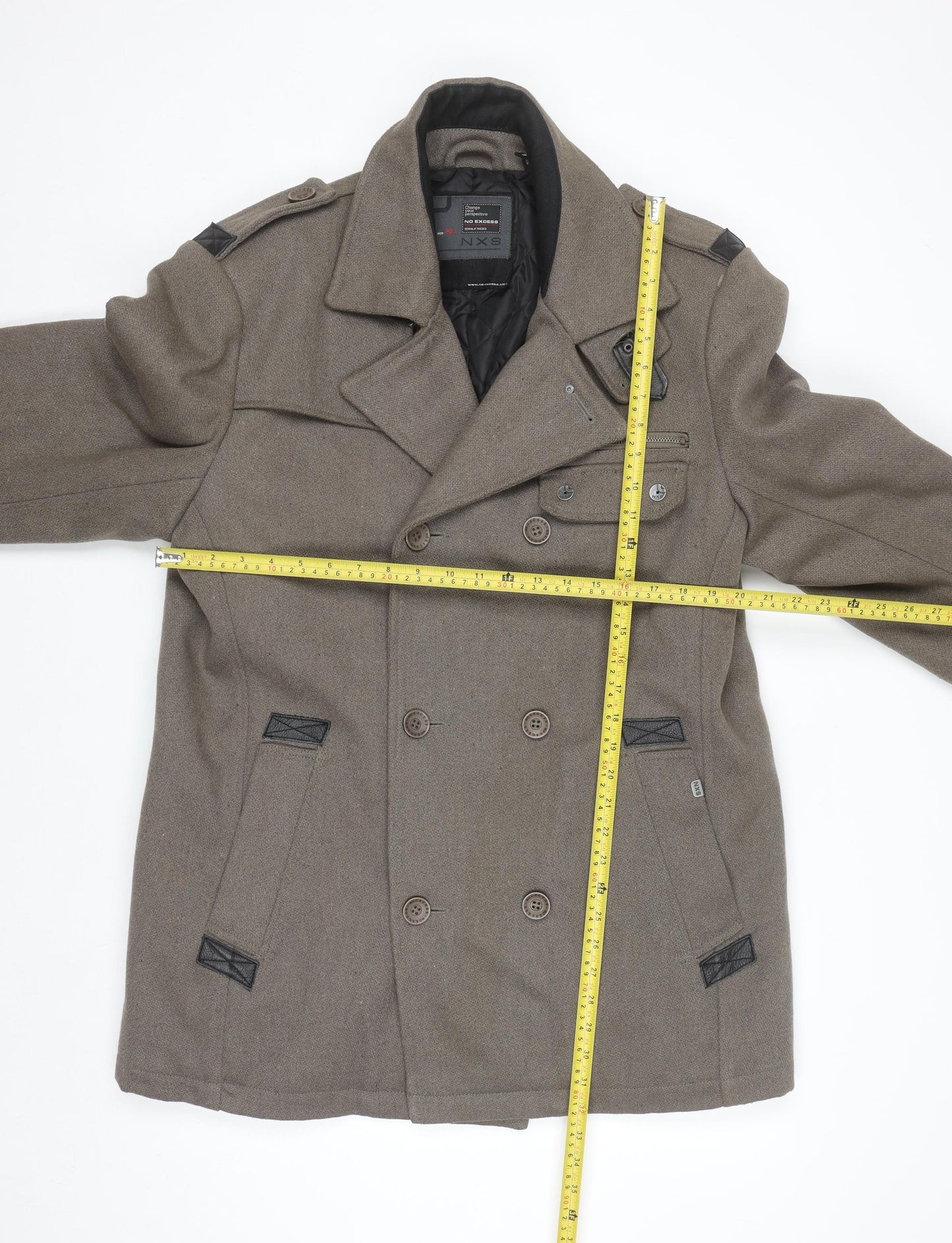 No Excess Men's Brown Wool Blend Pea Coat XL Classic Style
