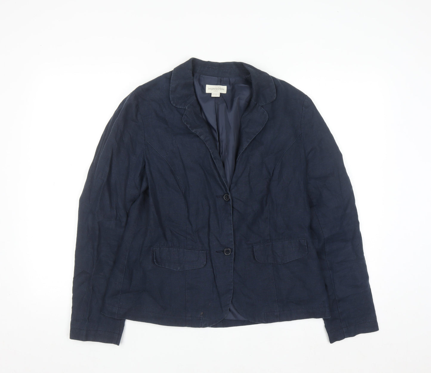 Monsoon Women’s Blue Linen Blazer Size 12 Classic Short Jacket