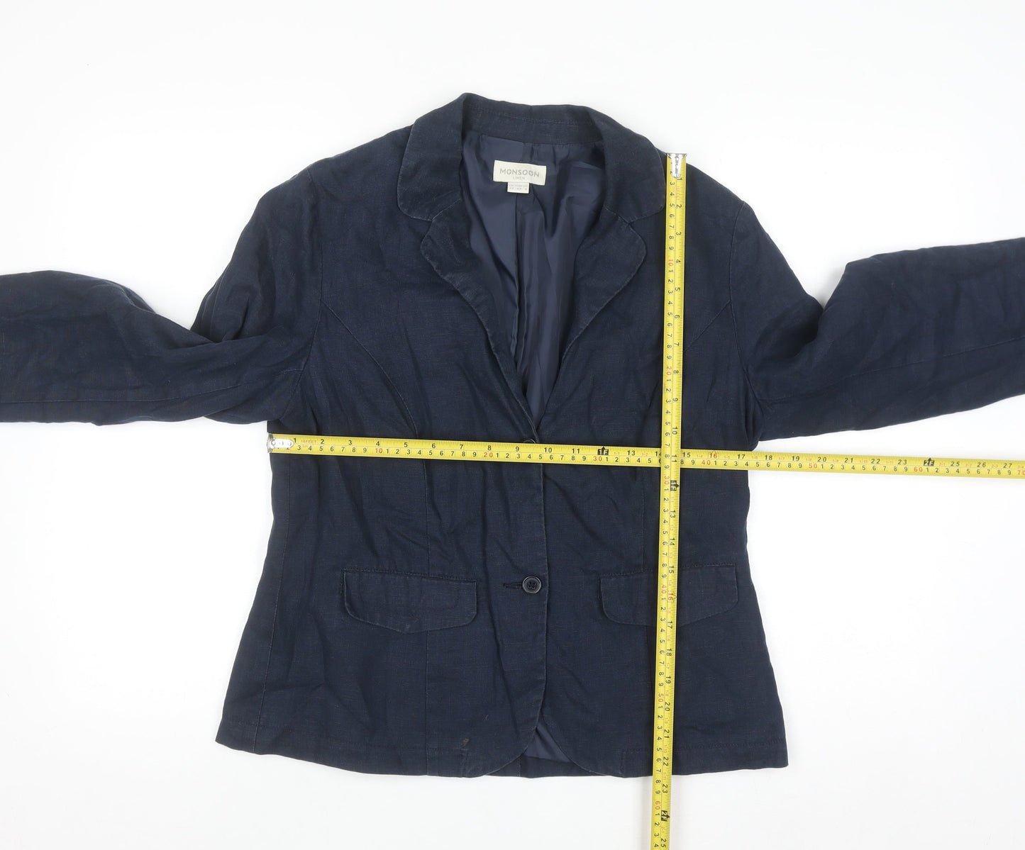 Monsoon Women’s Blue Linen Blazer Size 12 Classic Short Jacket