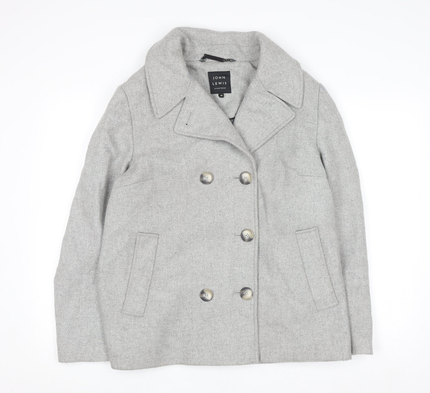 John Lewis Women Grey Wool Blend Pea Coat Size 14 Classic Style