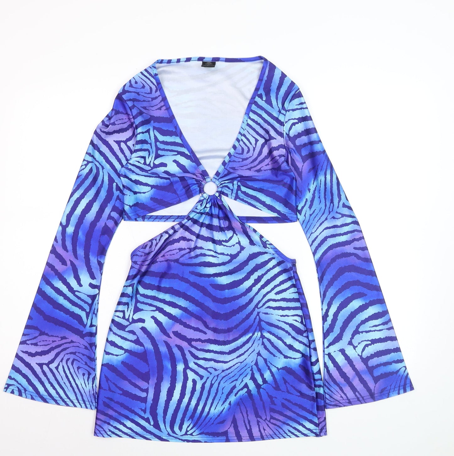 Fearlesss Women Blue Animal Print Bodycon Cut Out Dress Size S