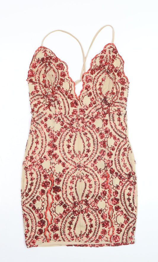 Nazz Collection Womens Beige Sequin Bodycon Dress Size 10