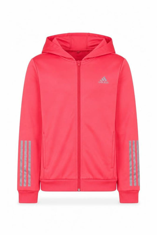 Front view of Adidas girls’ pink hooded track jacket 13-14 years lightweight climalite