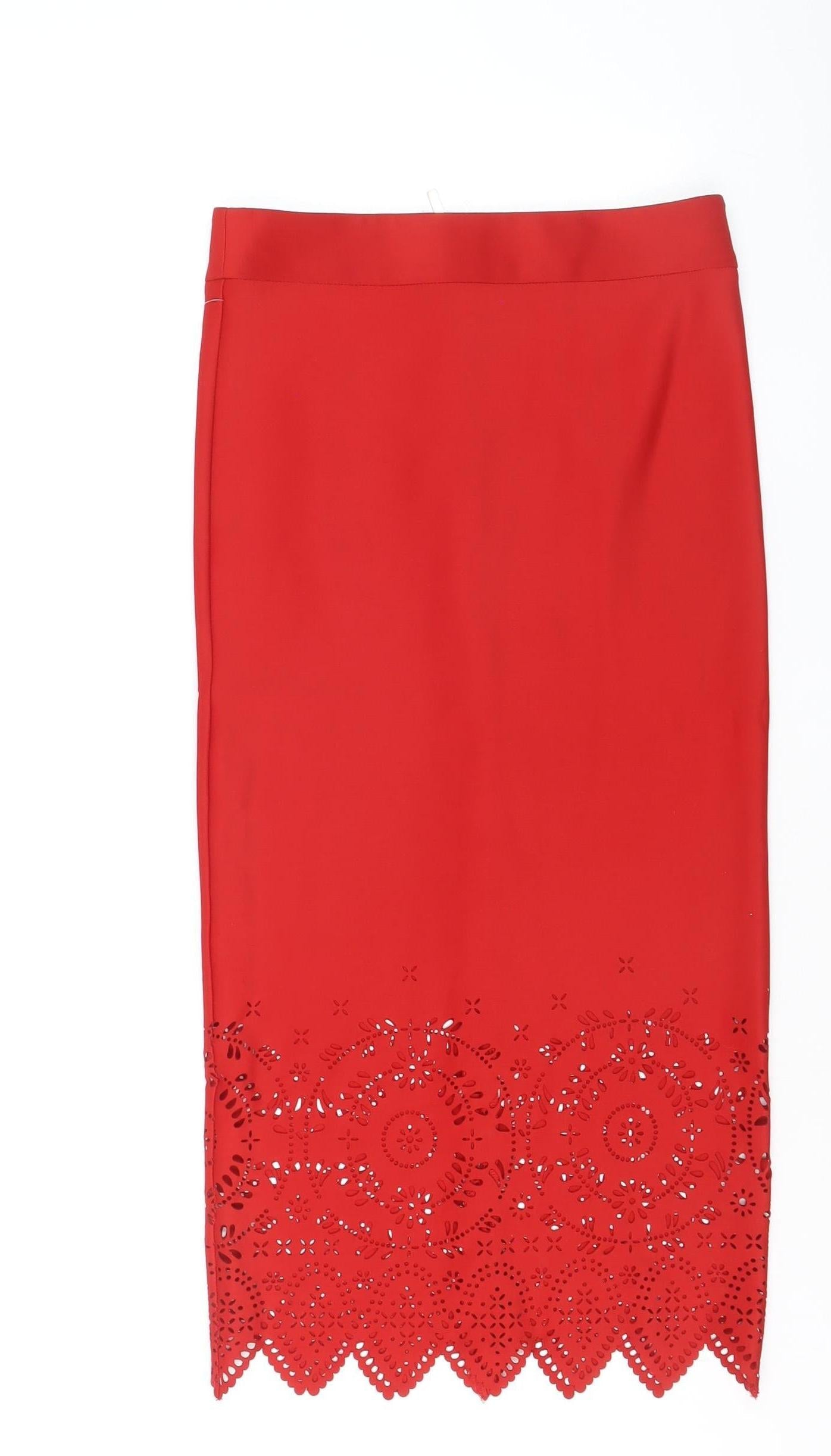 Next Women Red Midi Pencil Skirt Size 8 Stretch High Waist Elegant