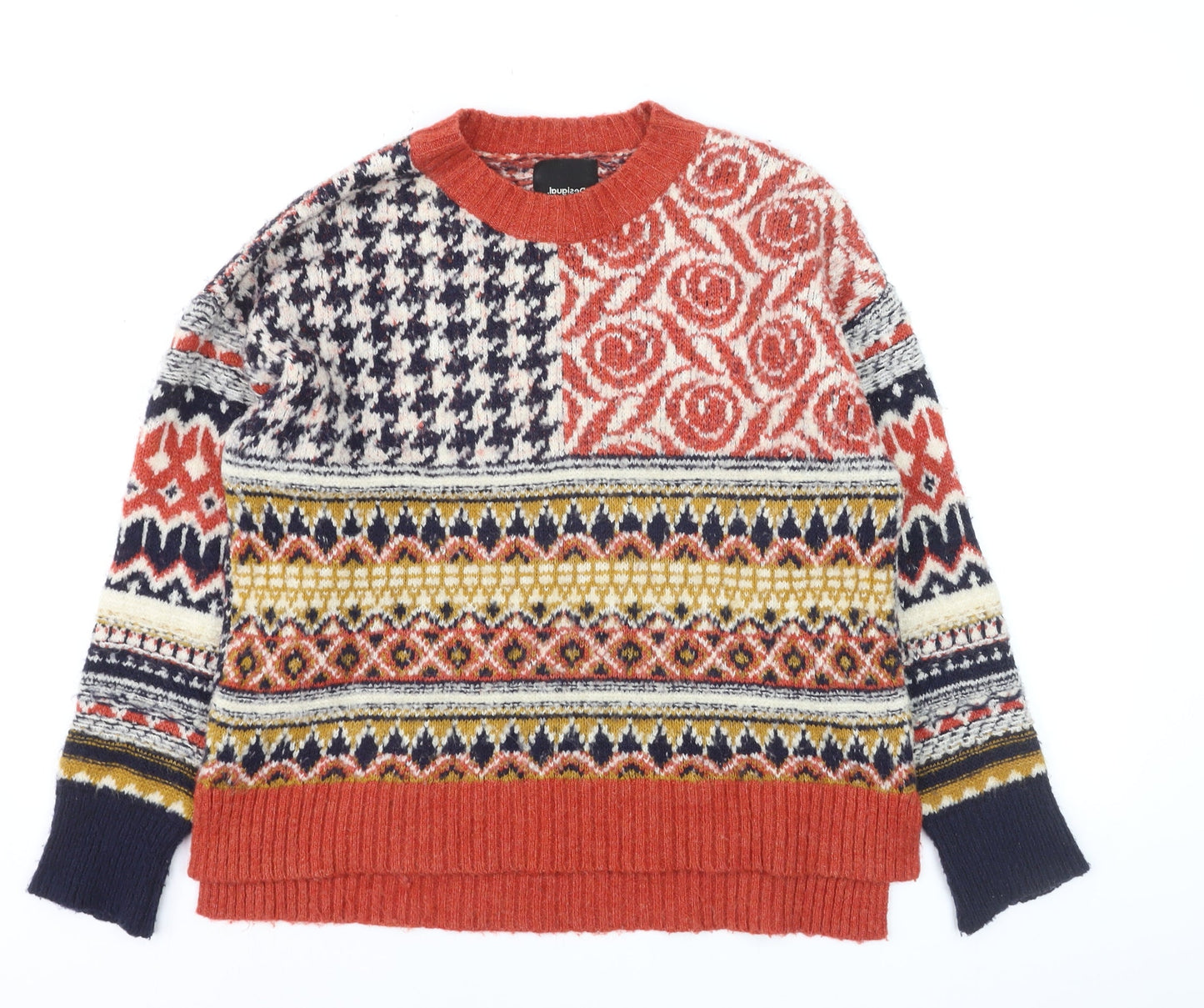Desigual Women's Multicoloured Wool Blend Fair Isle Crew Neck Jumper Size S