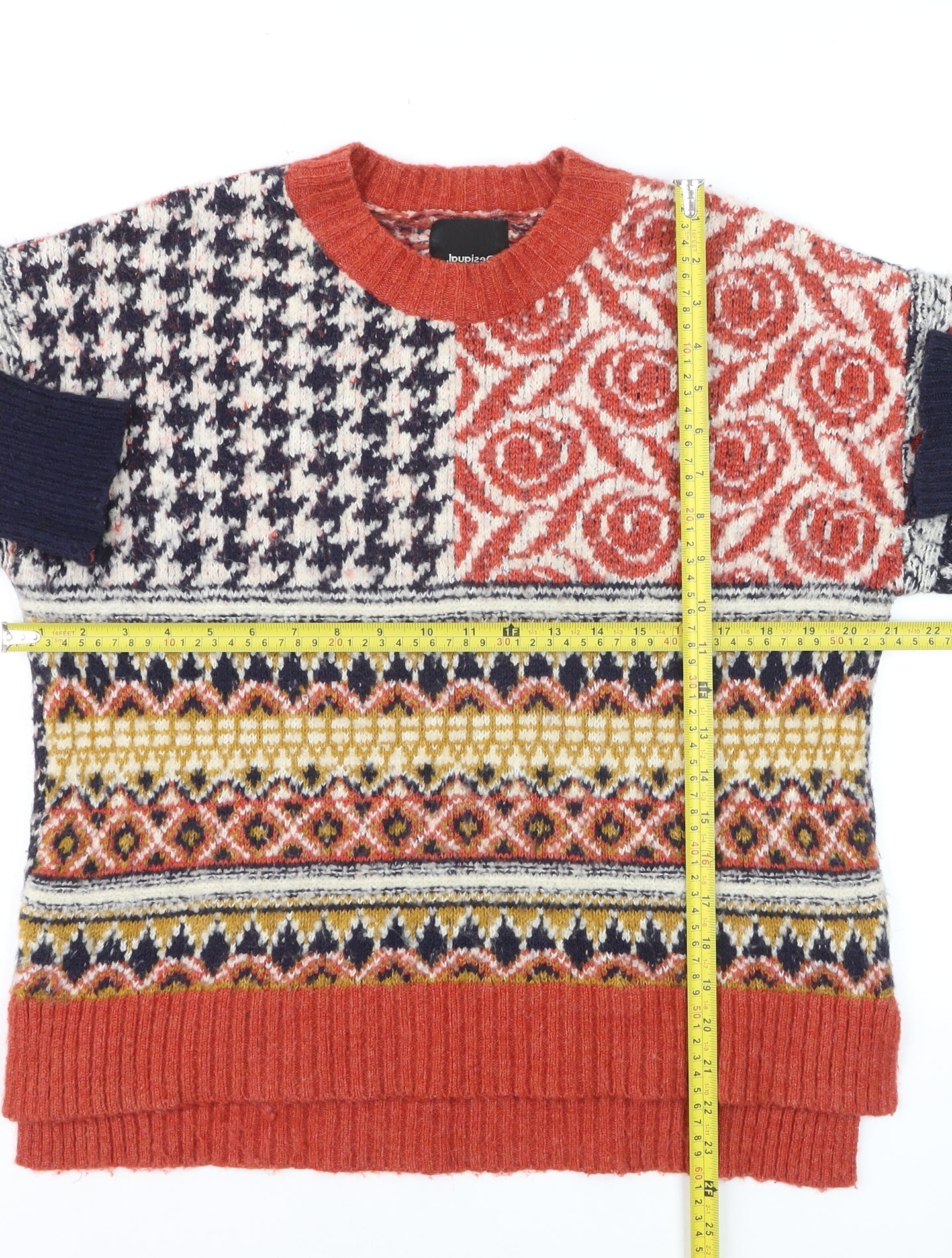 Desigual Women's Multicoloured Wool Blend Fair Isle Crew Neck Jumper Size S