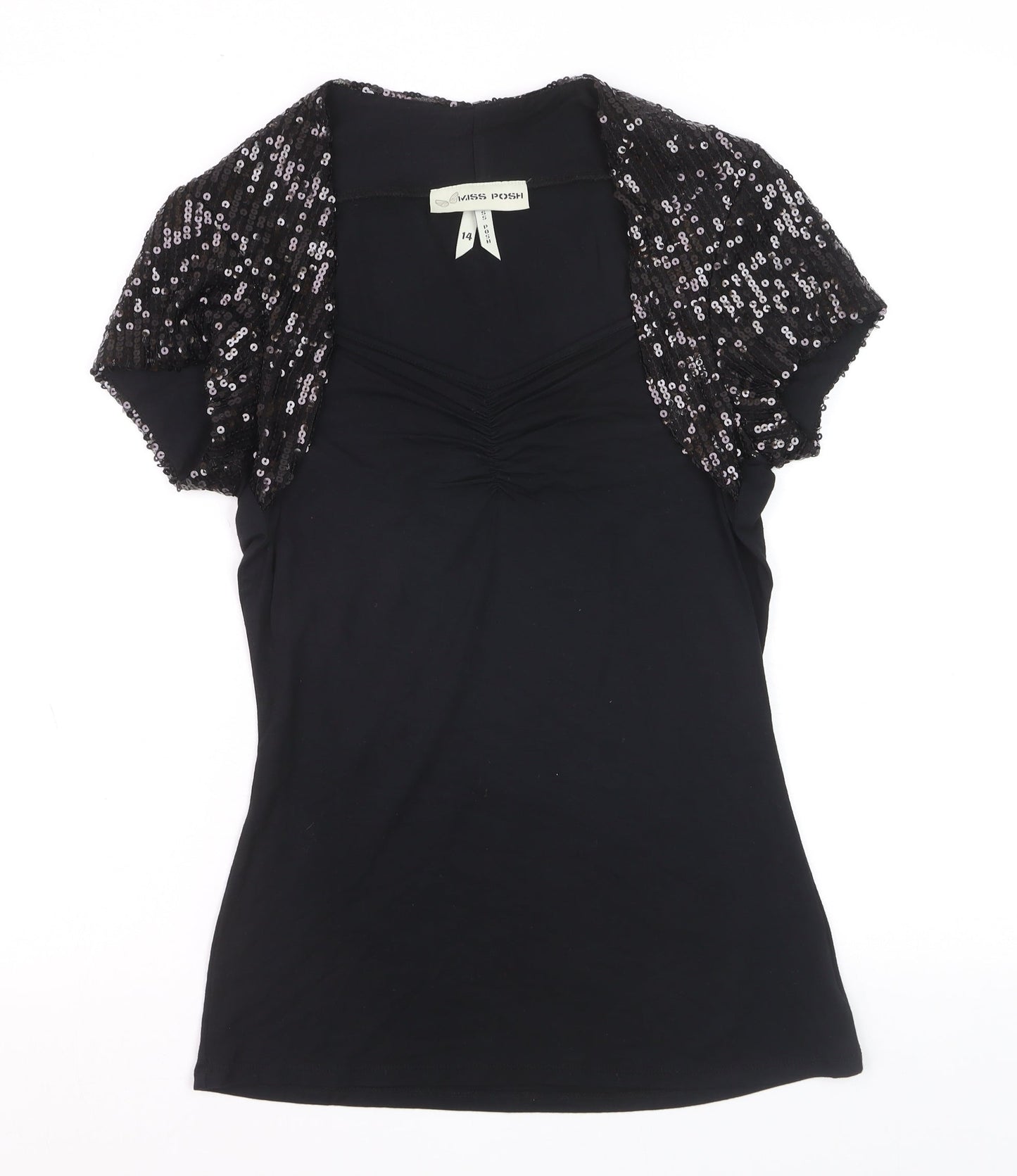 Miss Posh Women’s Black Sequin Short Sleeve V-Neck Party Top Size 14