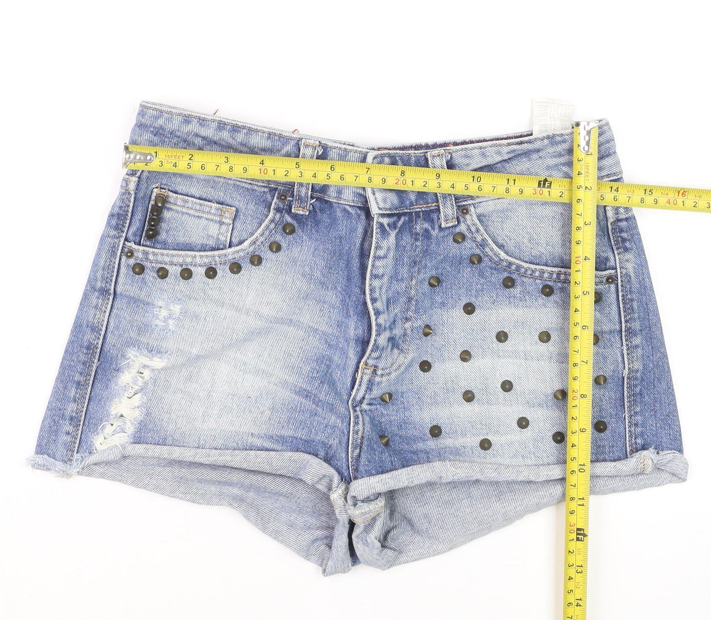 Pull & Bear Women Blue Studded Denim Hot Pants Shorts Size 8