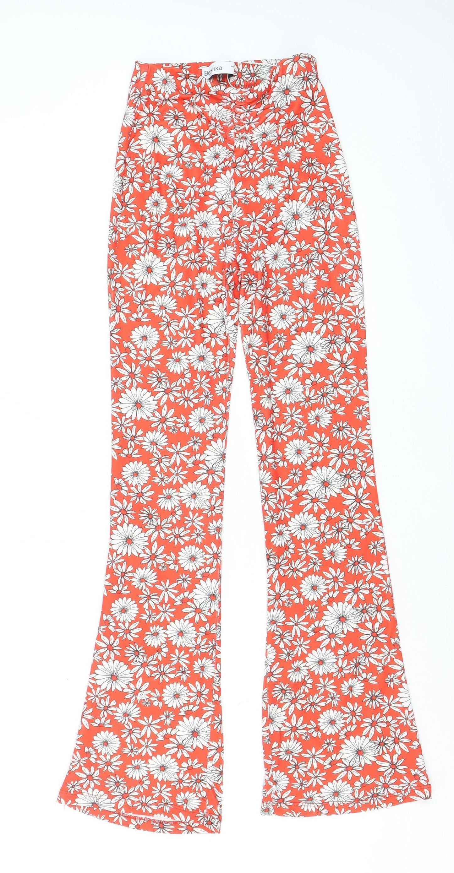 Bershka Women's Orange Floral Flared Trousers XS