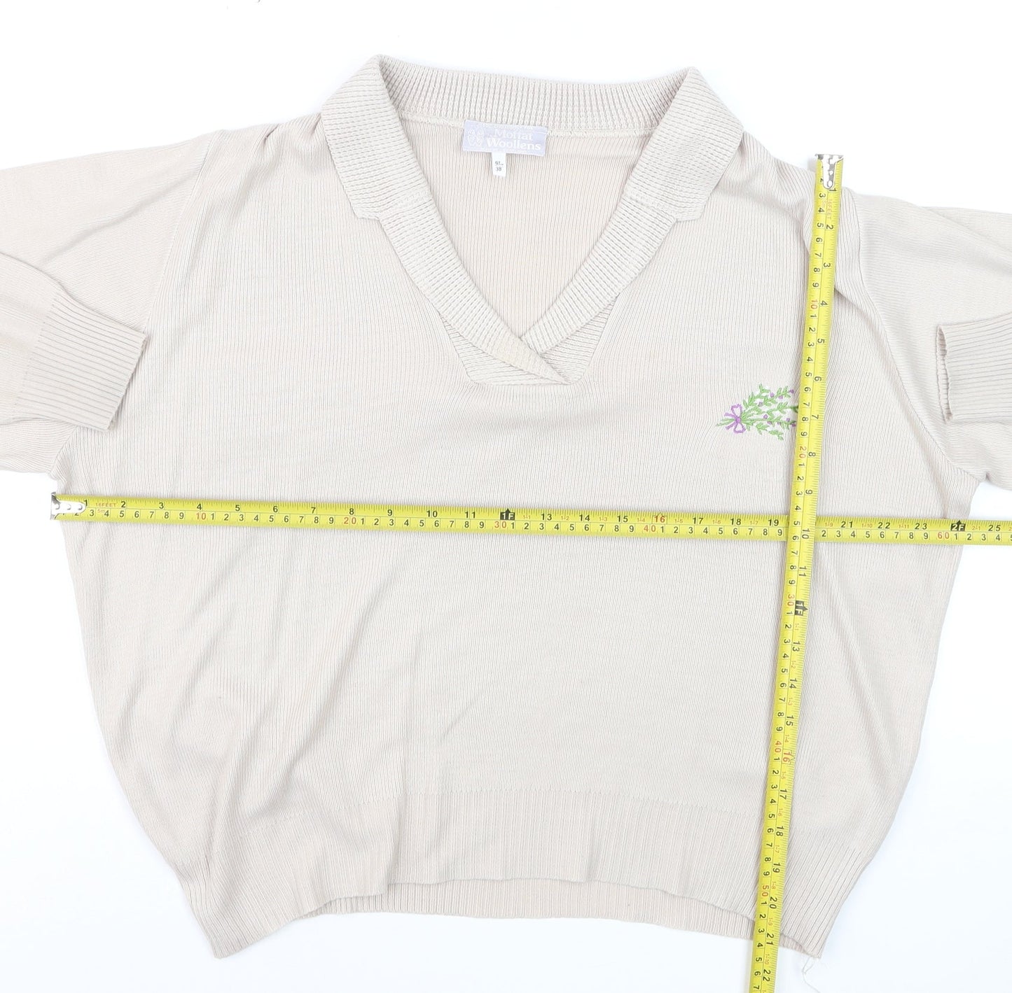Moffat Woollens Womens Beige V-Neck Acrylic Jumper Size 12