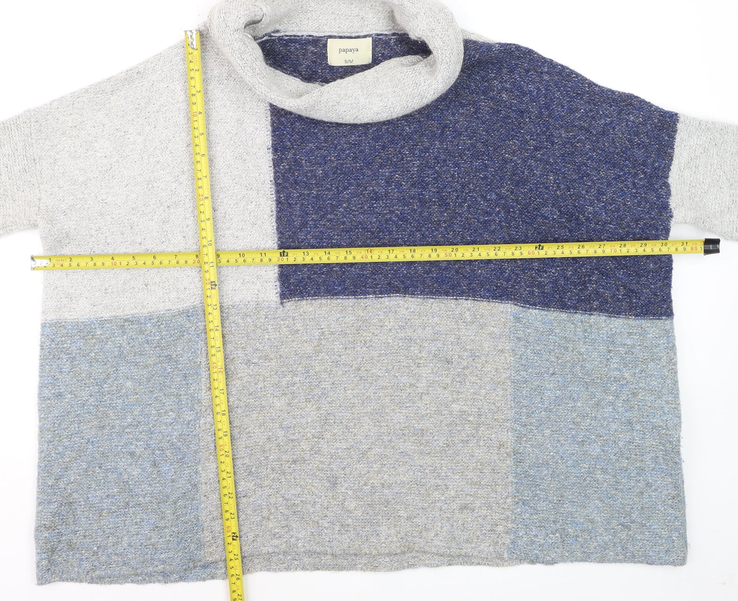 Papaya Women Blue Grey Block Roll Neck Wool Blend Jumper S/M