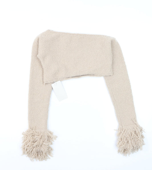Musera Womens Beige Chunky Knit Fringe Shrug Jumper Size S