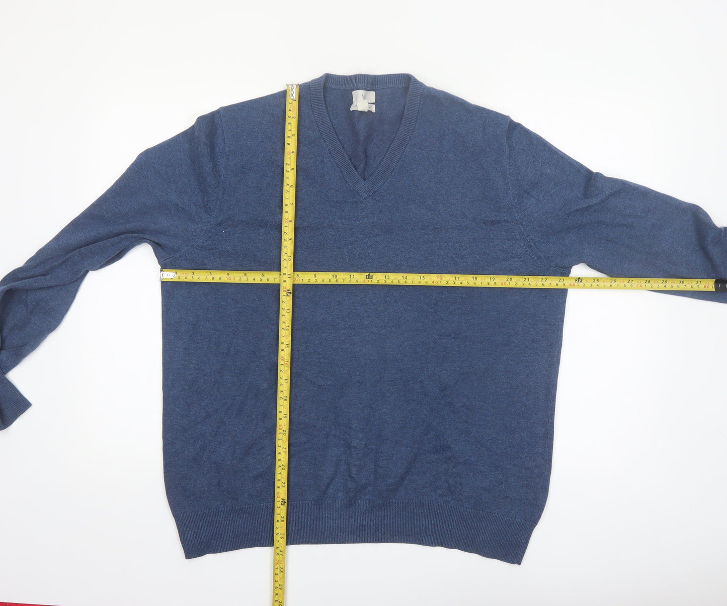Marks and Spencer Men's Blue V-Neck Cotton Jumper XL