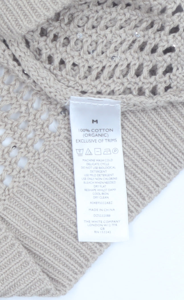 The White Company Women Beige Open-Knit V-Neck Jumper M Organic Cotton