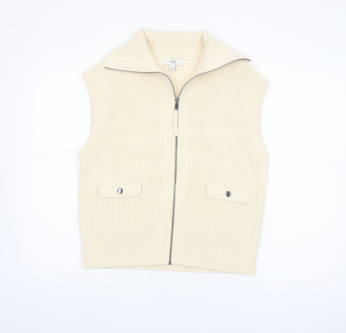 Marks and Spencer Women's Beige Knit Full Zip Sleeveless Vest M