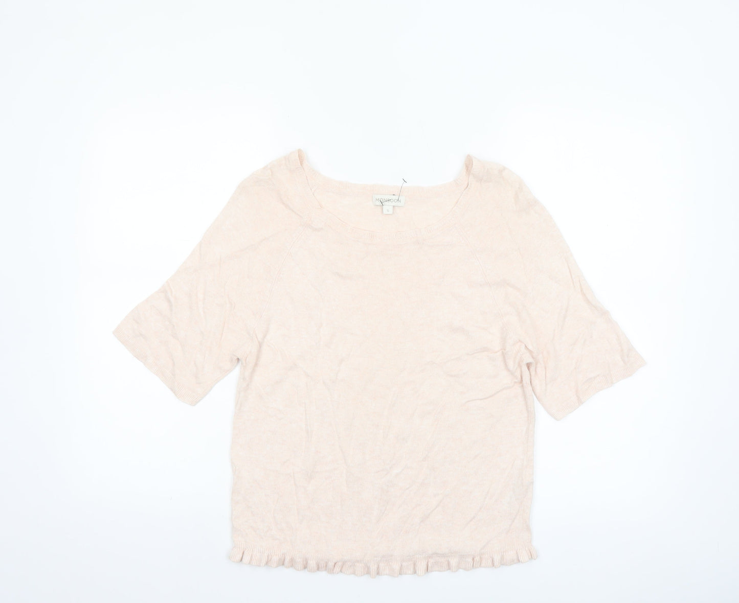 Monsoon Women Beige Short Sleeve Linen Blend Pullover Jumper Size S