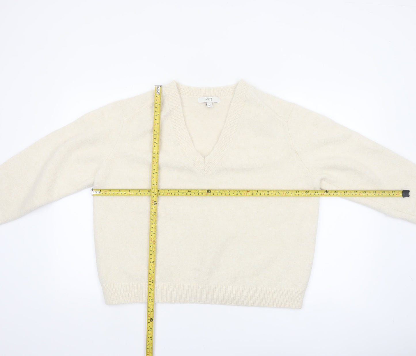 Marks and Spencer Women's Ivory V-Neck Wool Blend Pullover Jumper M