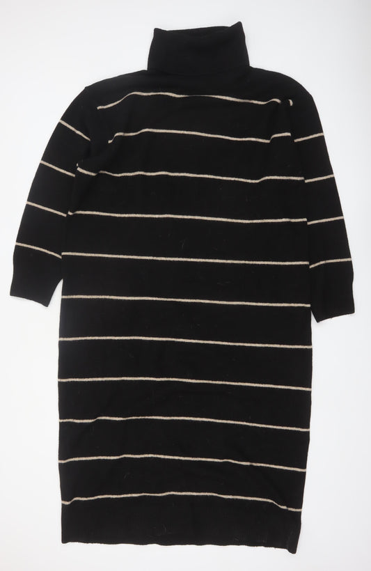 MNG Women Black Striped Knit Jumper Dress Size 12 Roll Neck