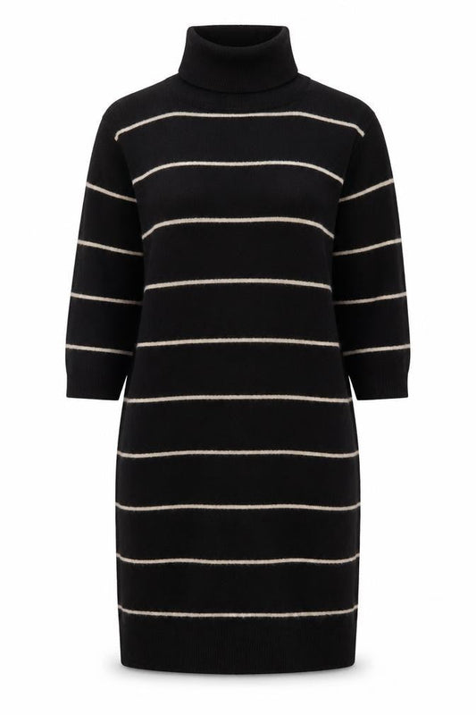 Mango Women Black Striped Knit Jumper Dress Size 12 Roll Neck