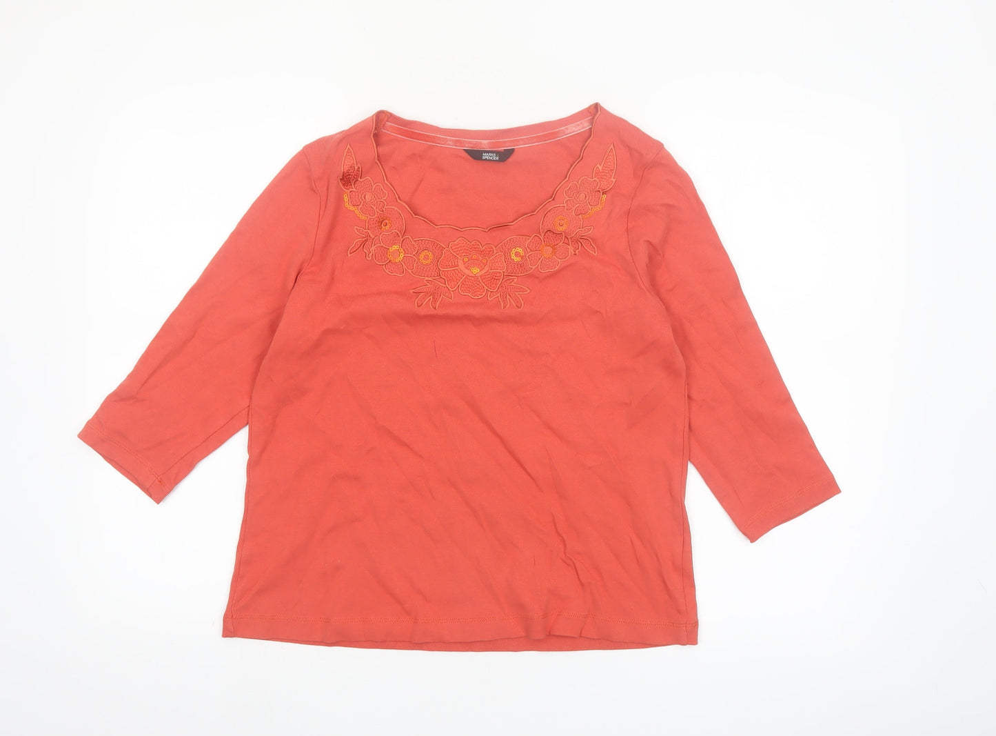 Marks and Spencer Women's Orange Embroidered Cotton 3/4 Sleeve Blouse Size 14