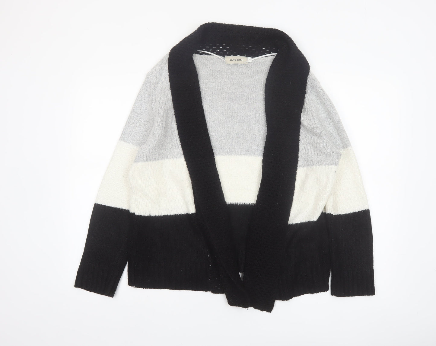 Bassini Womens Black Grey Ivory Striped Knit Cardigan L