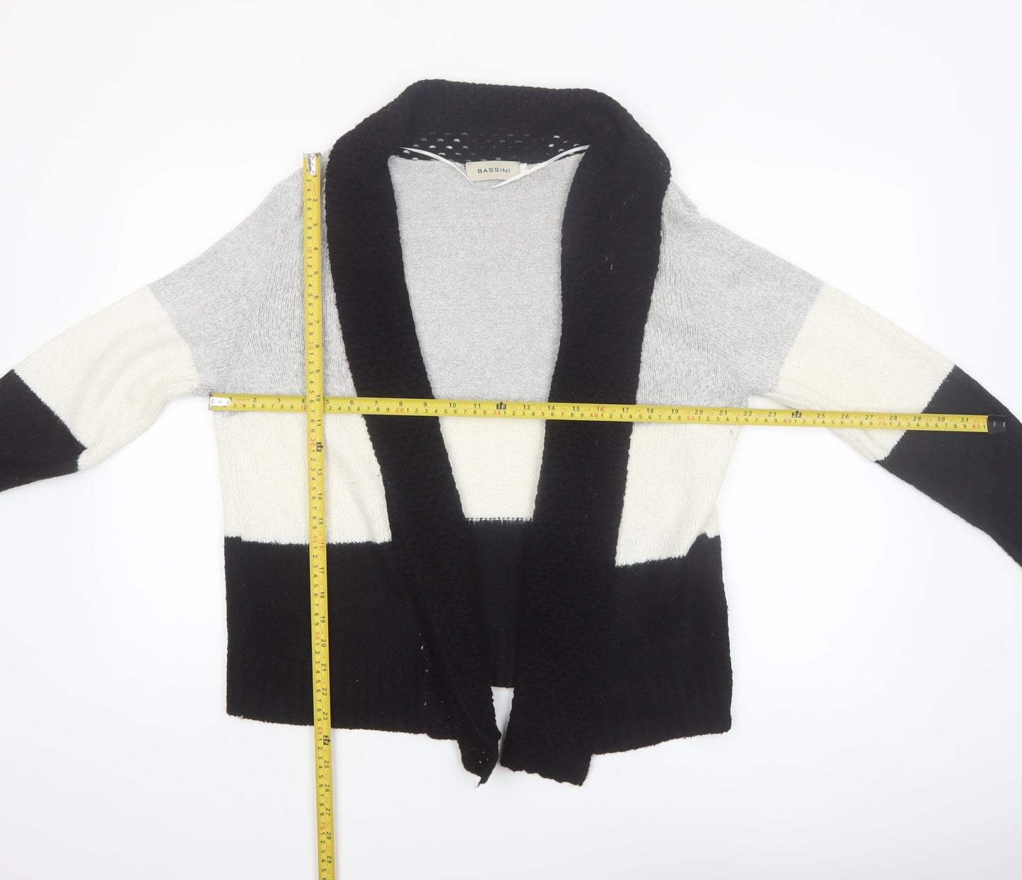 Bassini Womens Black Grey Ivory Striped Knit Cardigan L