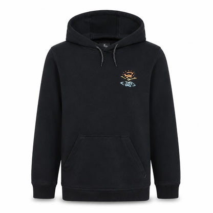 Front view of Rip Curl boys’ black pullover hoodie 16 years surf logo fleece sweatshirt