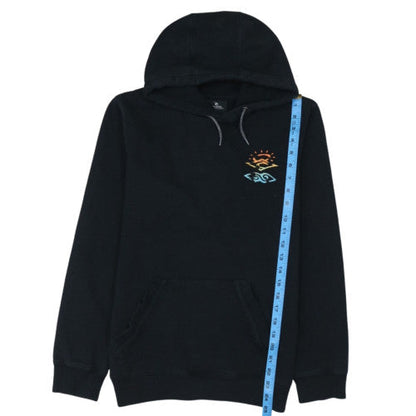 Close-up detail of Rip Curl boys’ black pullover hoodie 16 years surf logo fleece sweatshirt