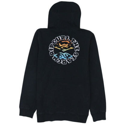 Brand and care label for Rip Curl boys’ black pullover hoodie 16 years surf logo fleece sweatshirt
