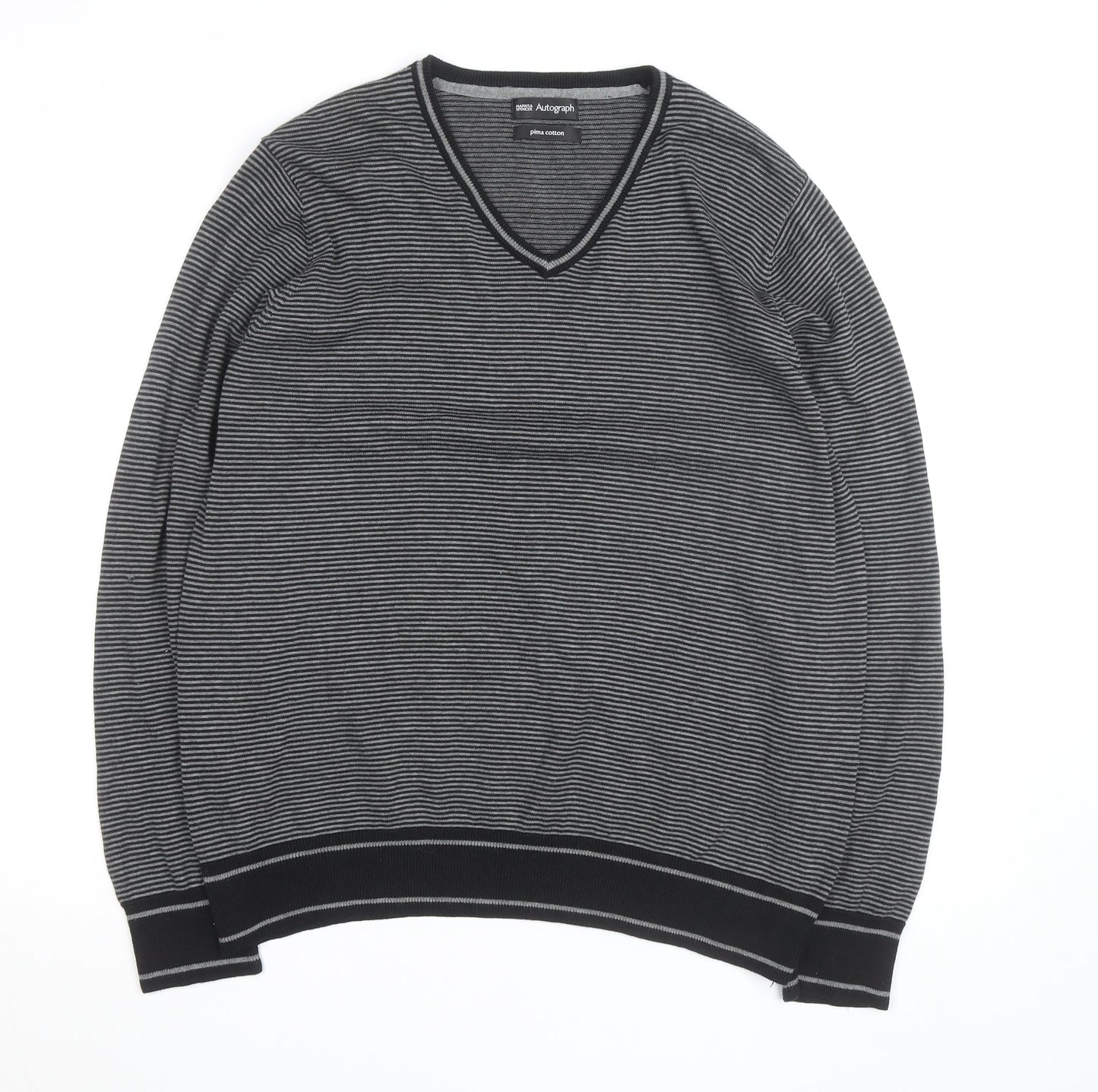Marks and Spencer Autograph Men's Grey Striped V-Neck Cotton Jumper Size L