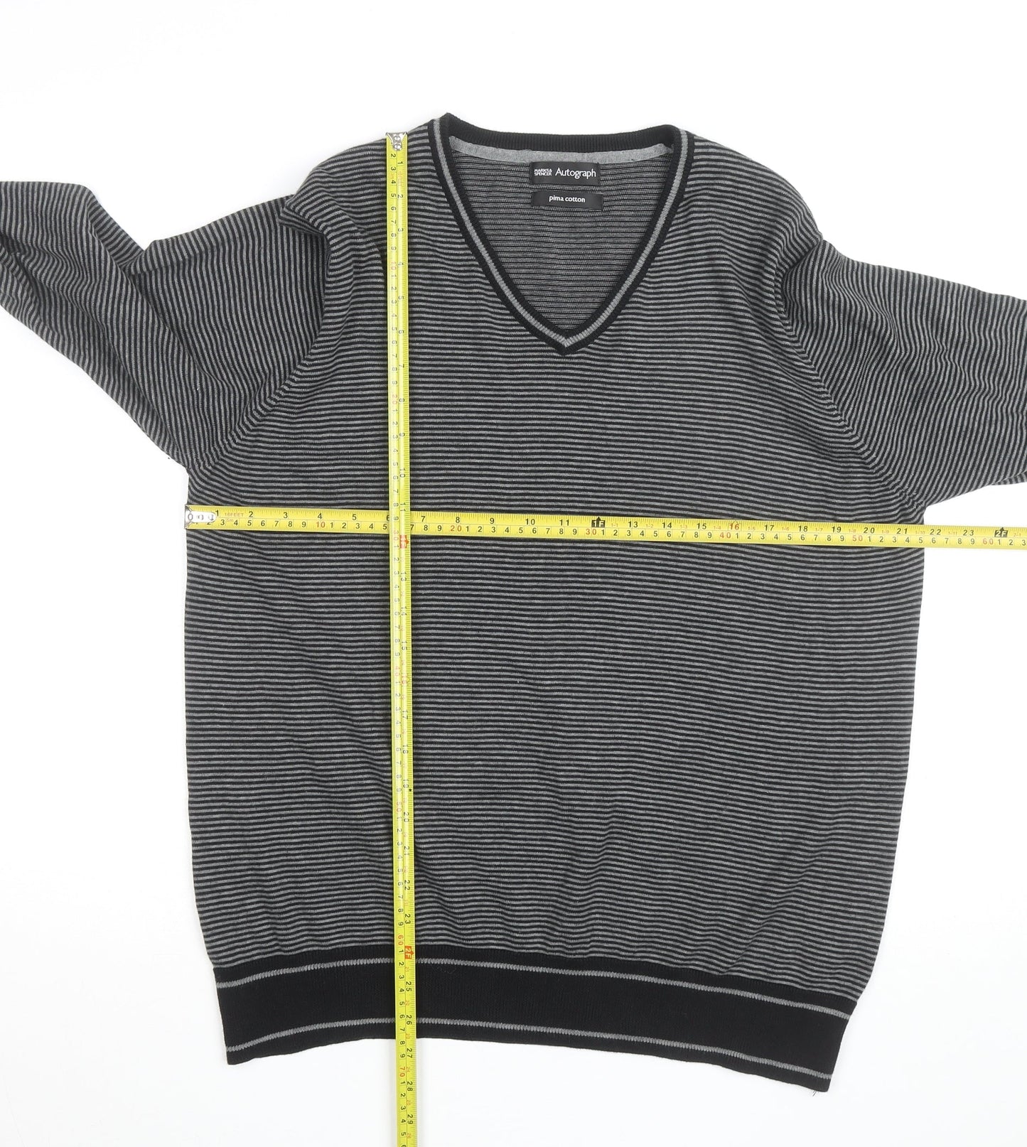 Marks and Spencer Autograph Men's Grey Striped V-Neck Cotton Jumper Size L