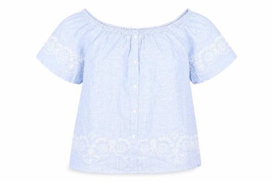 Front view of Dunnes Women’s Blue Embroidered Off Shoulder Blouse, size UK 8