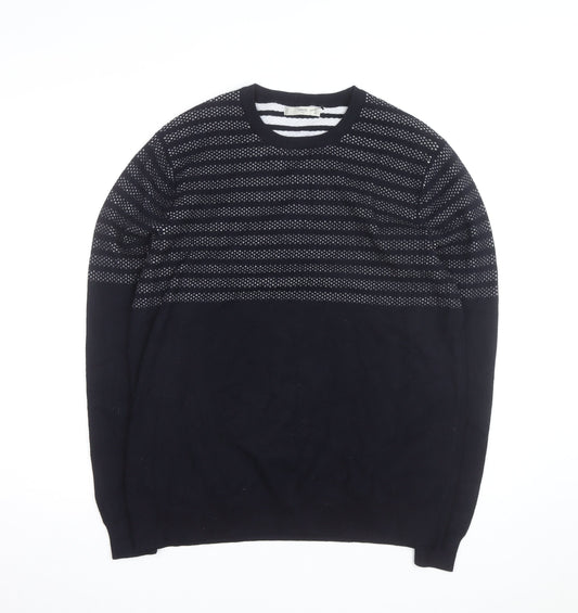 Mango Men Blue Striped Cotton Crew Neck Jumper Size L