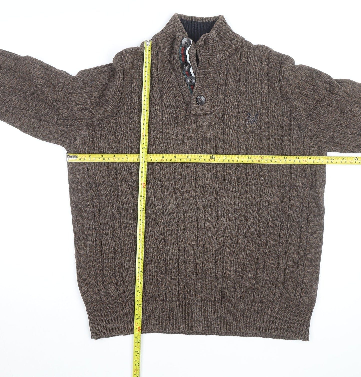 Crew Clothing Co Men’s Brown Cotton Cable-Knit Henley Jumper Large