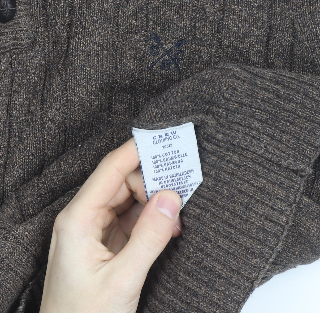 Crew Clothing Co Men’s Brown Cotton Cable-Knit Henley Jumper Large