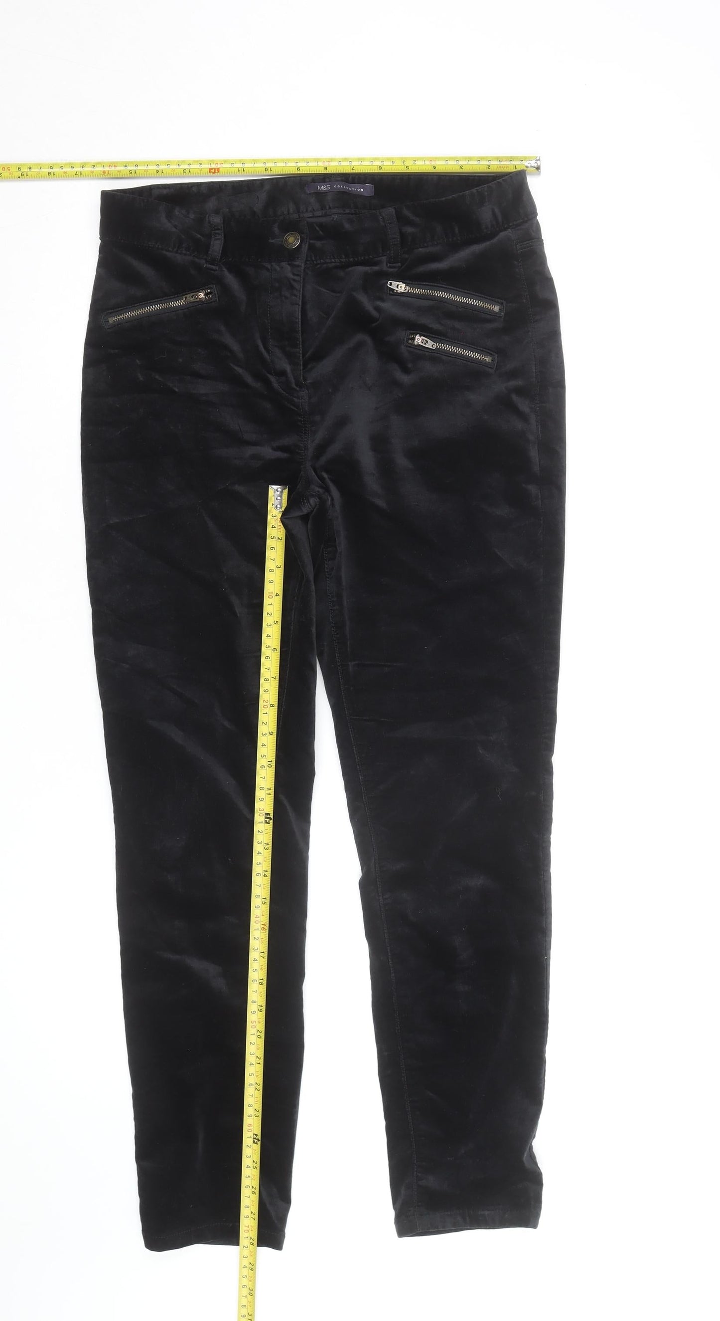 Marks and Spencer Black Velvet Slim Trousers Women’s Size 12 Zip Detail