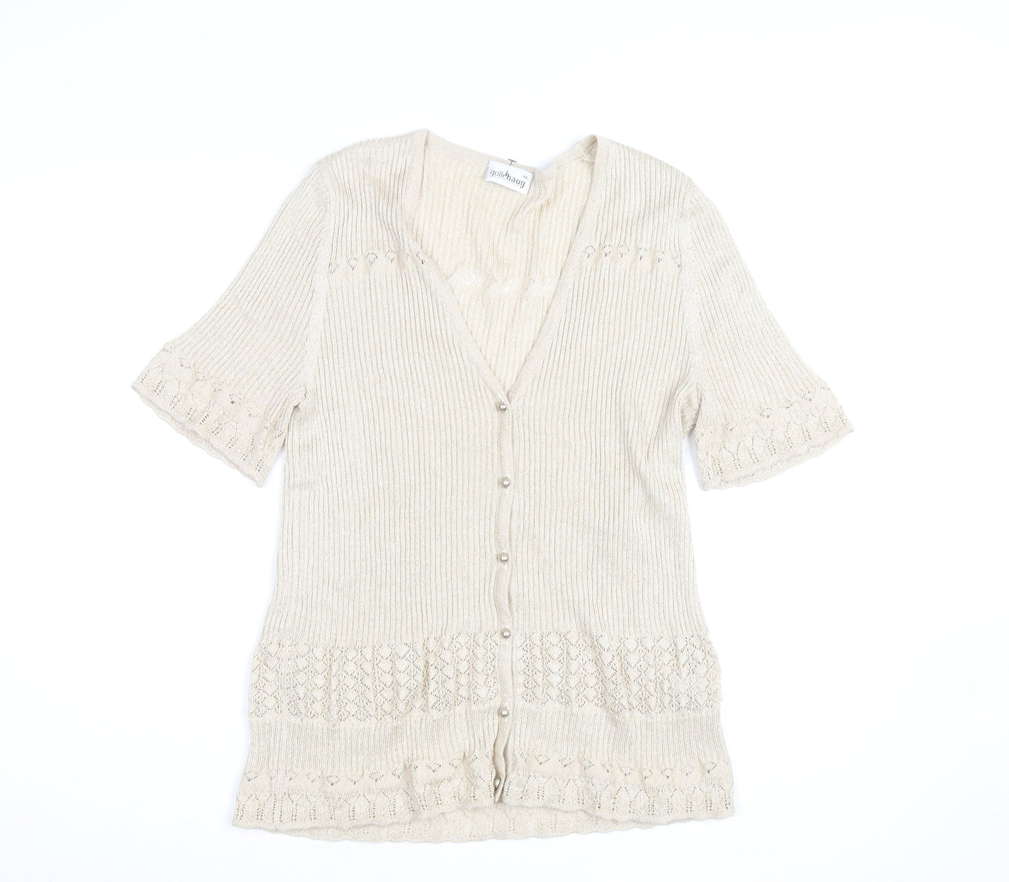 Gollehaug Women Beige Knit Short Sleeve V-Neck Blouse Size 16