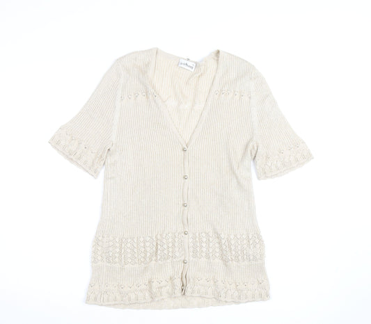 Gollehaug Women Beige Knit Short Sleeve V-Neck Blouse Size 16
