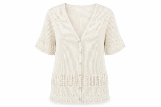 Gollehaug Women Beige Knit Short Sleeve V-Neck Blouse Size 16