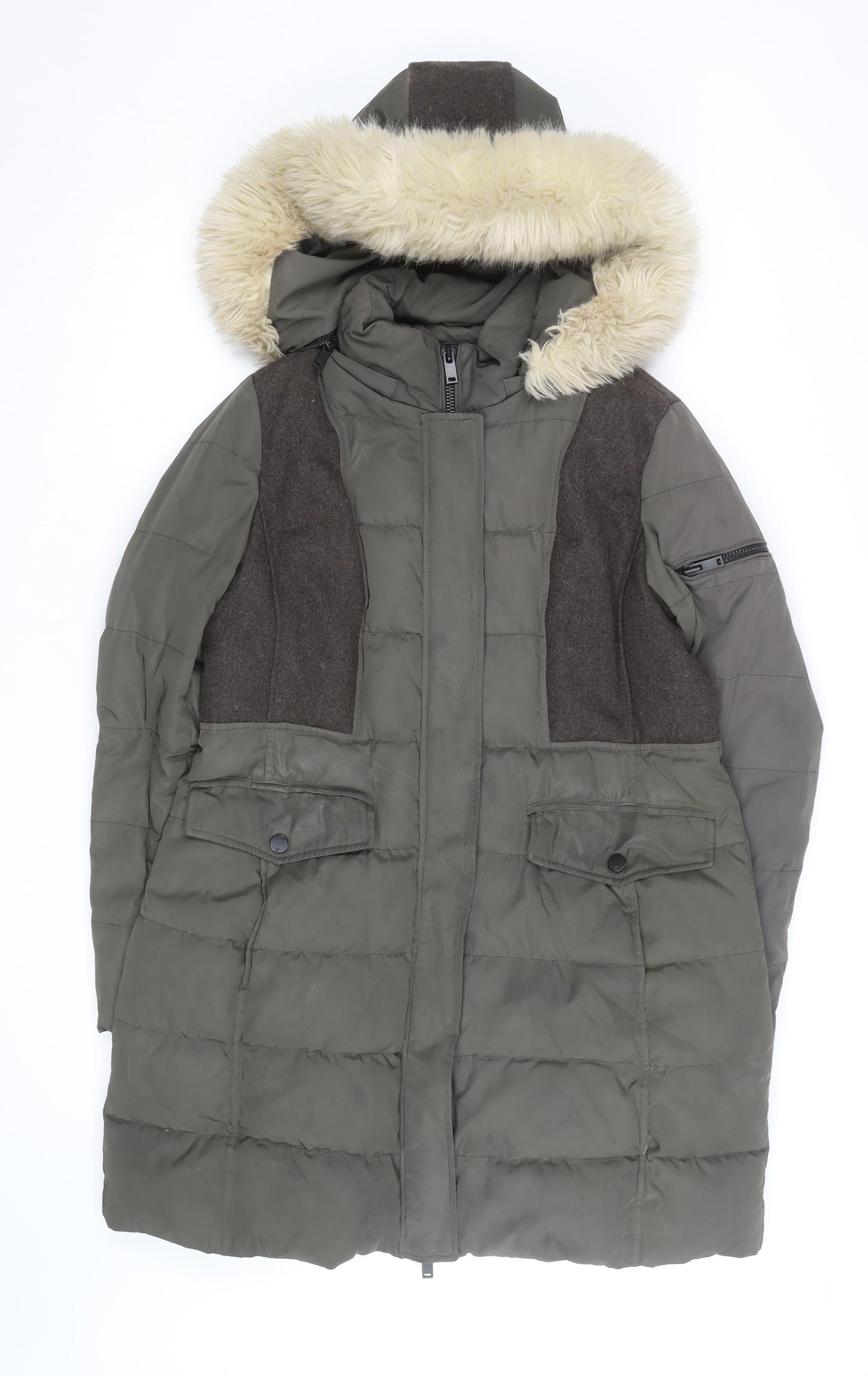 7 For All Mankind Men's Green Long Hooded Puffer Coat L Wool Blend