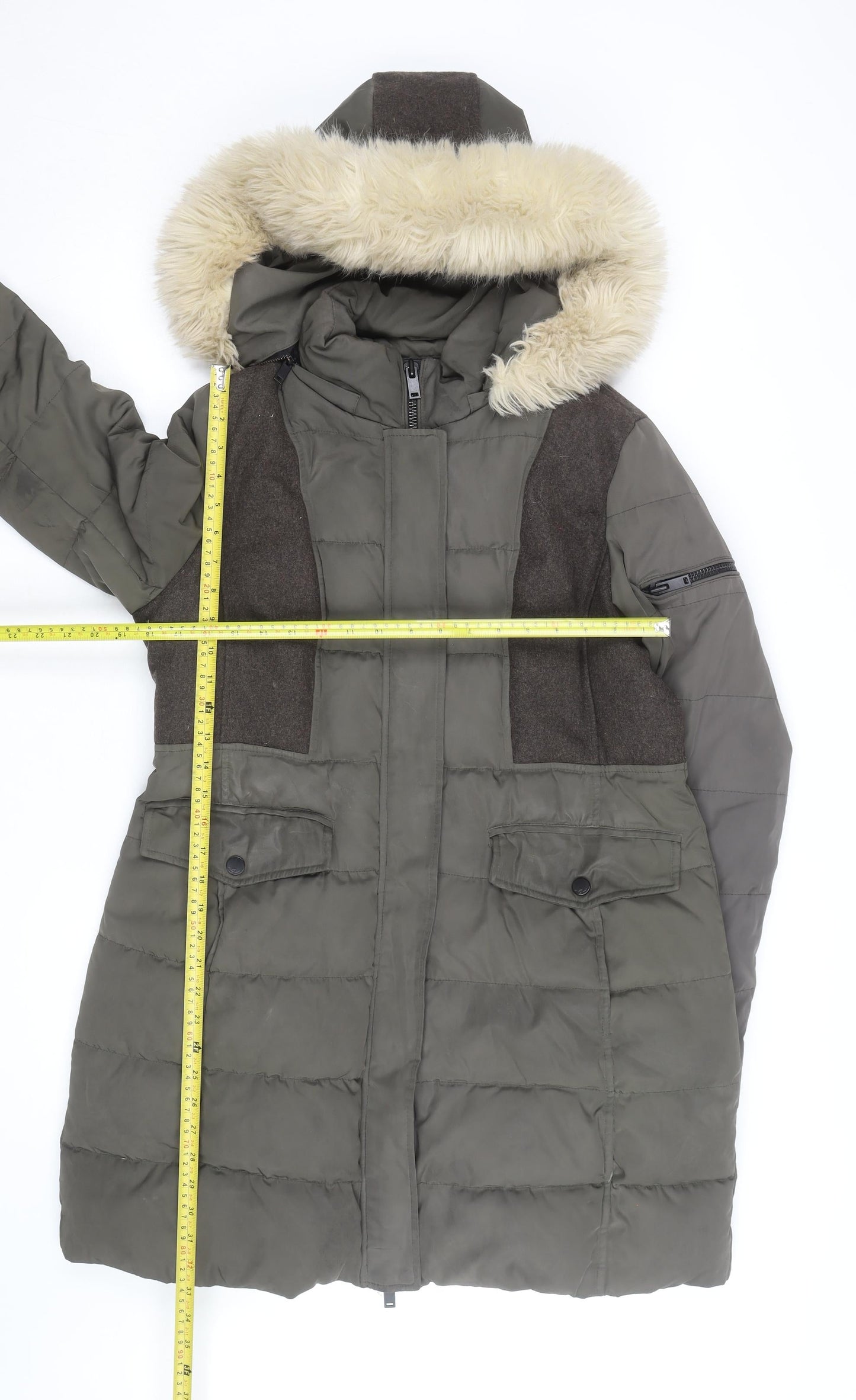 7 For All Mankind Men's Green Long Hooded Puffer Coat L Wool Blend