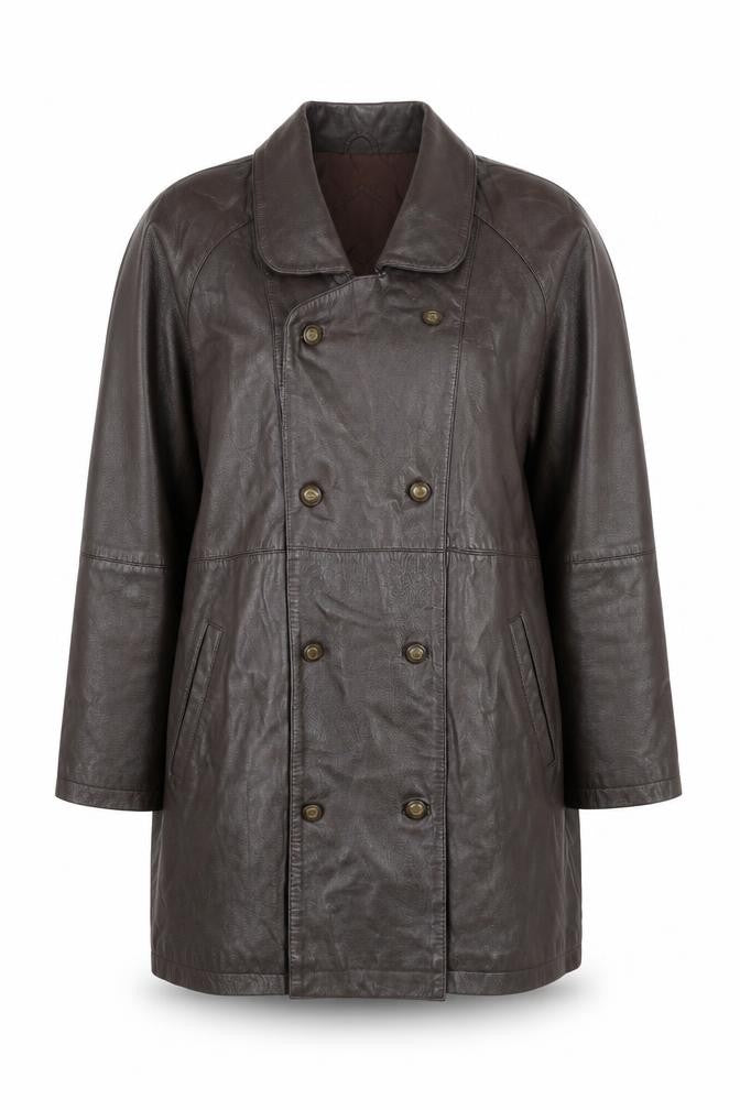 Classics Woman Brown Leather Long Coat Size 16 Lined Button Front
