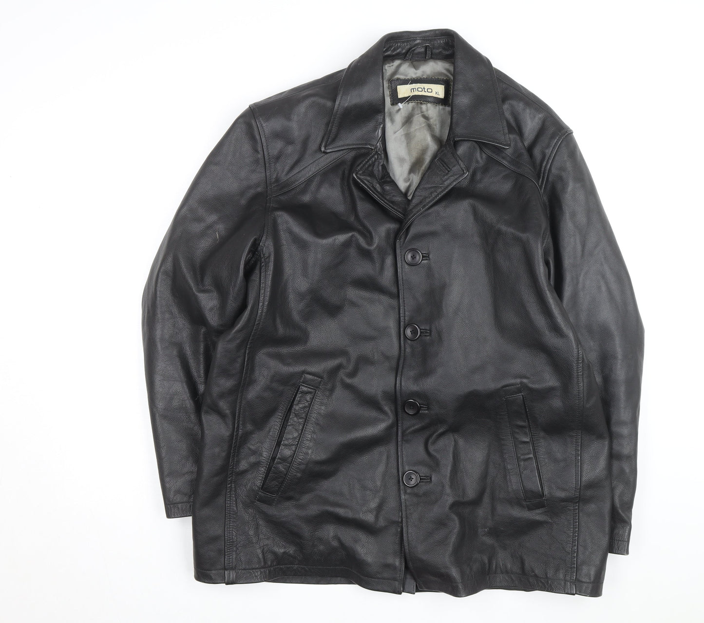 Moto Men's Black Leather Long Overcoat XL Button-Up Lined Jacket