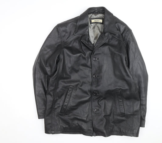 Moto Men's Black Leather Long Overcoat XL Button-Up Lined Jacket