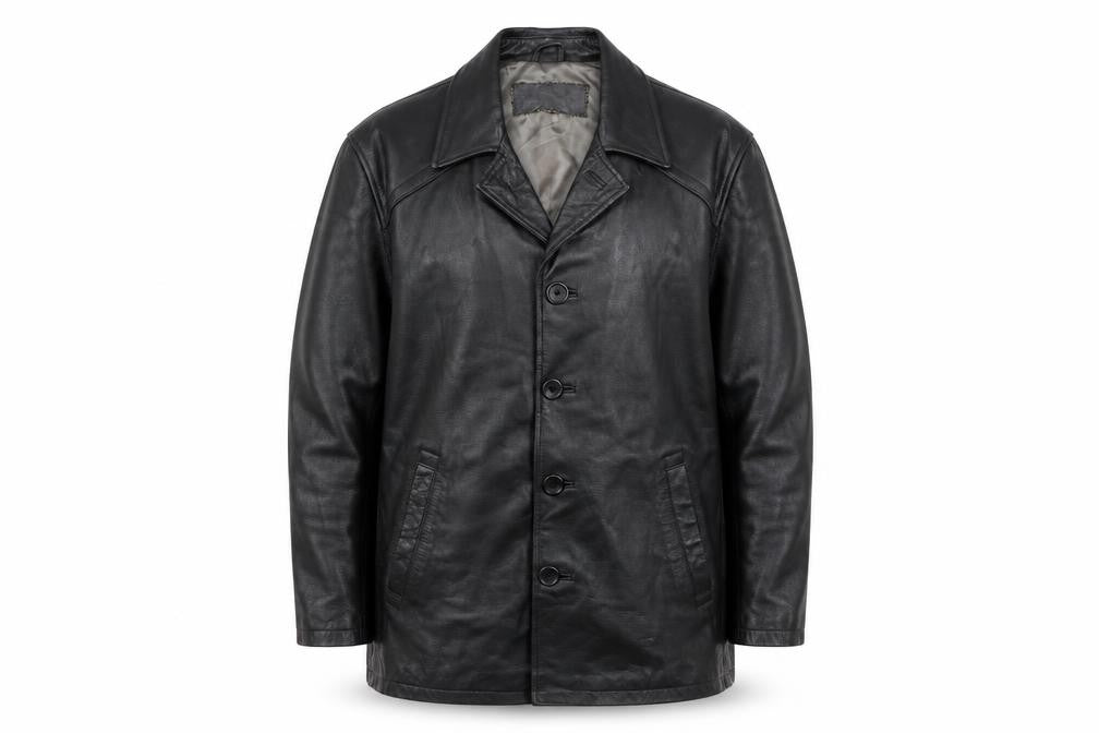 Moto Men's Black Leather Long Overcoat XL Button-Up Lined Jacket