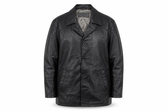 Moto Men's Black Leather Long Overcoat XL Button-Up Lined Jacket