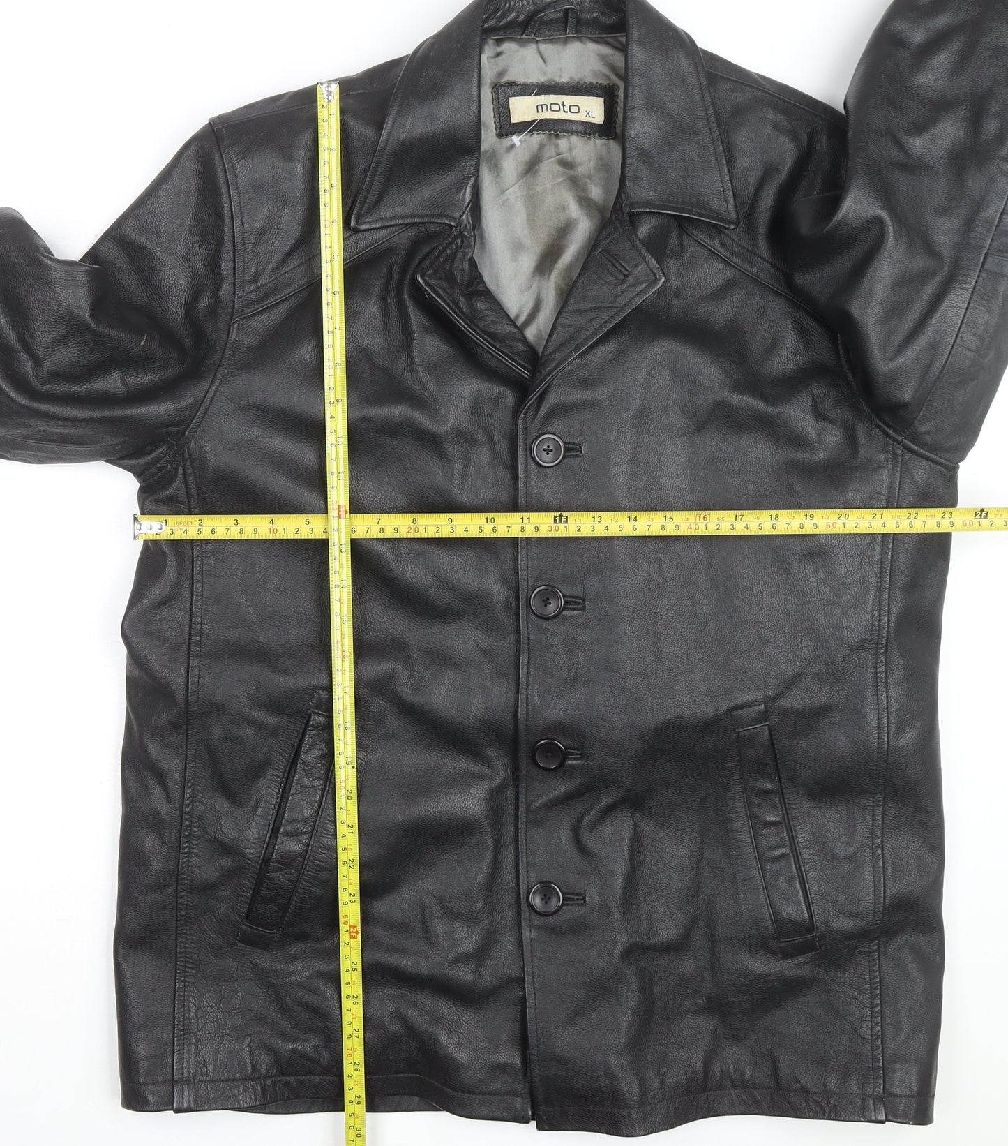 Moto Men's Black Leather Long Overcoat XL Button-Up Lined Jacket