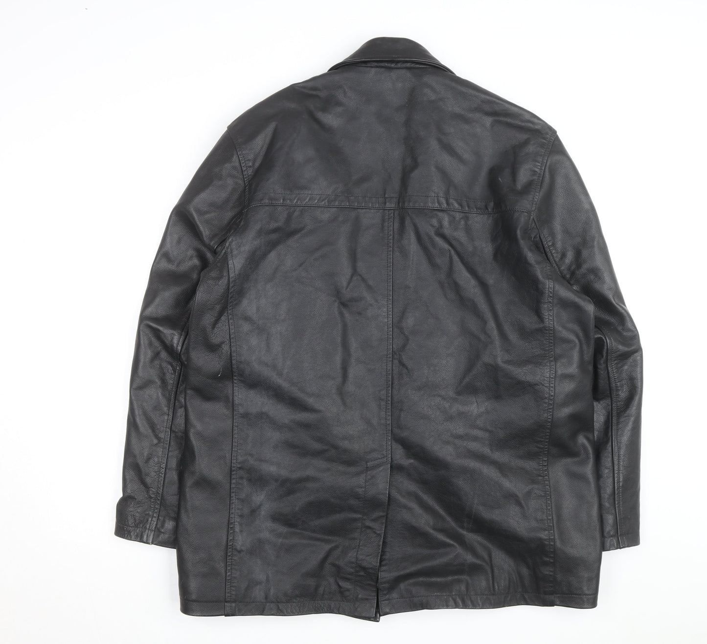 Moto Men's Black Leather Long Overcoat XL Button-Up Lined Jacket