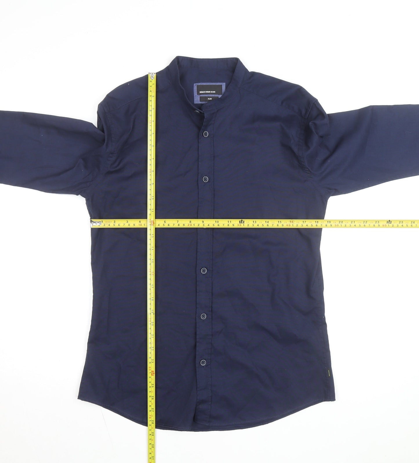 Remus Uomo Jeans Men's Blue Slim Fit Band Collar Long Sleeve Shirt Size 17.5
