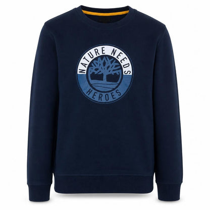 Front view of Timberland boys’ navy blue crew neck graphic print sweatshirt 16/17 years m